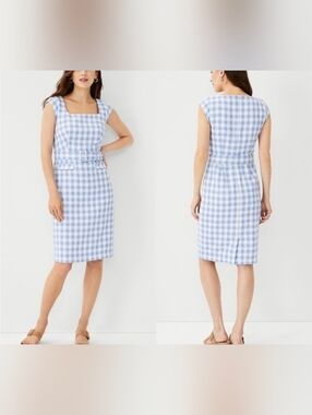 Ann Taylor Gingham Belted Sheath Dress  Retro Styled Lined Zip Back Cap Slv 10T